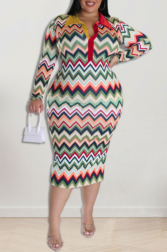 Khaki Fashion Casual Print Patchwork Turndown Collar Pencil Skirt Plus Size Dresses