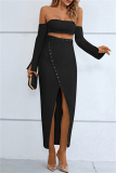 Black Sexy Formal Solid Hollowed Out Patchwork Slit Off the Shoulder Strapless Dress Dresses