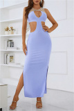 Light Purple Sexy Solid Hollowed Out Patchwork Slit O Neck One Step Skirt Dresses