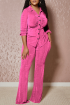 Pink Street Solid Fold Turndown Collar Long Sleeve Two Pieces