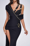 Black Sexy Formal Solid Patchwork Beading V Neck Irregular Dress Dresses