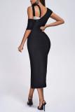 Black Sexy Formal Solid Patchwork Beading V Neck Irregular Dress Dresses