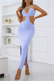 Light Purple Sexy Solid Hollowed Out Patchwork Slit O Neck One Step Skirt Dresses