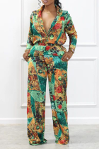 Green Street Print Patchwork Turndown Collar Long Sleeve Two Pieces