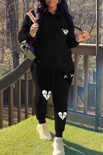 Black Casual Print Patchwork Hooded Collar Long Sleeve Two Pieces