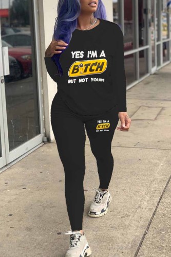 Black Casual Print Letter O Neck Long Sleeve Two Pieces