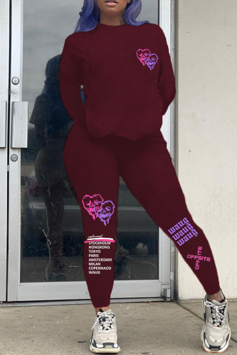Burgundy Street Print Patchwork O Neck Long Sleeve Two Pieces