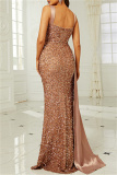 Brown Sexy Patchwork Backless Slit Spaghetti Strap Evening Dress Dresses