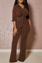 Brown Street Solid Fold Turndown Collar Long Sleeve Two Pieces