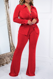 Red Street Solid Fold Turndown Collar Long Sleeve Two Pieces
