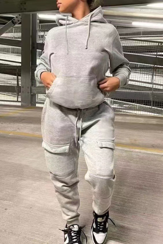 Grey Casual Solid Patchwork Hooded Collar Long Sleeve Two Pieces