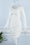 White Street Solid Tassel V Neck Pencil Skirt Dresses(Subject to the actual object）