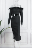 Black Sexy Solid Hollowed Out Patchwork Feathers Backless Off the Shoulder Long Sleeve Dresses