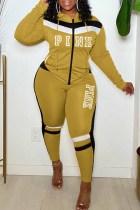 Yellow Casual Print Letter Hooded Collar Long Sleeve Two Pieces