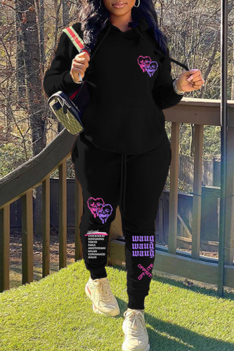 Black Street Print Patchwork Hooded Collar Long Sleeve Two Pieces