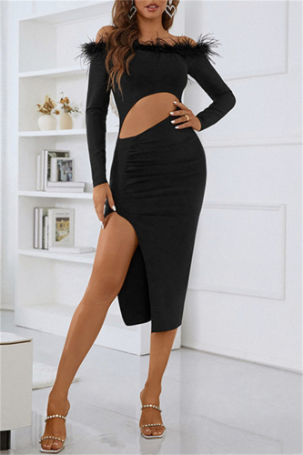 Black Sexy Solid Hollowed Out Patchwork Feathers Backless Off the Shoulder Long Sleeve Dresses