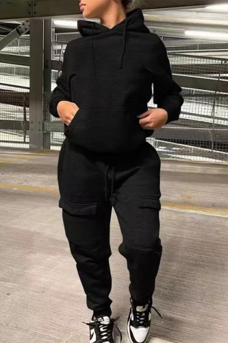 Black Casual Solid Patchwork Hooded Collar Long Sleeve Two Pieces