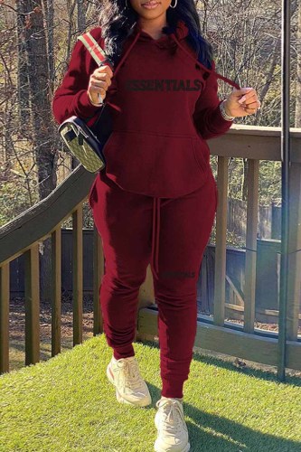 Burgundy Casual Print Letter Hooded Collar Long Sleeve Two Pieces