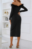 Black Sexy Solid Hollowed Out Patchwork Feathers Backless Off the Shoulder Long Sleeve Dresses