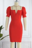 Red Sexy Casual Solid Patchwork V Neck Short Sleeve Dress