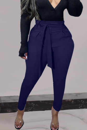 Blue Casual Solid Bandage Skinny High Waist Pencil Solid Color Bottoms