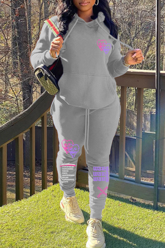 Grey Street Print Patchwork Hooded Collar Long Sleeve Two Pieces