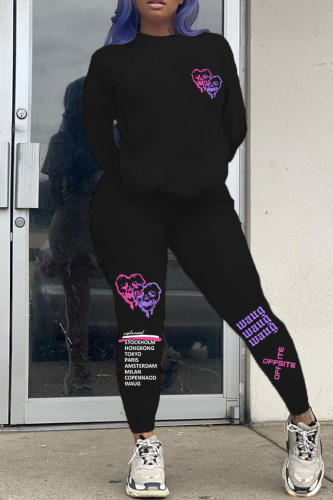Black Street Print Patchwork O Neck Long Sleeve Two Pieces