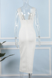 White Sexy Formal Solid Patchwork V Neck Sleeveless Dress