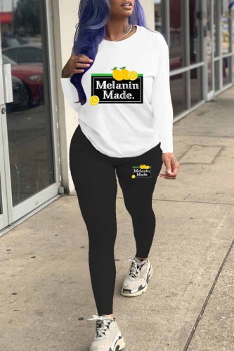 Black And White Casual Print Letter O Neck Long Sleeve Two Pieces