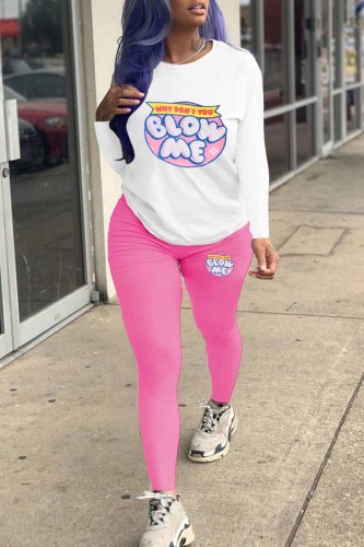 Powder White Casual Print Letter O Neck Long Sleeve Two Pieces
