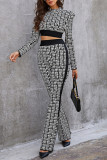 Black White Casual Print Patchwork Half A Turtleneck Long Sleeve Two Pieces