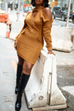 Khaki Street Solid Hollowed Out Hooded Collar Pencil Skirt Dresses
