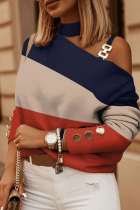 Multicolor Casual Print Hollowed Out Patchwork Turtleneck Tops
