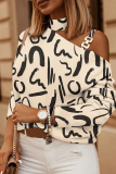 White Black Casual Print Hollowed Out Patchwork Turtleneck Tops