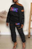 Dark Brown Street Print Ripped Letter Oblique Collar Long Sleeve Two Pieces