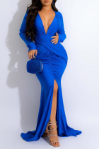 Blue Party Solid Fold V Neck Trumpet Mermaid Dresses