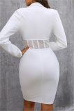 White Sexy Solid Patchwork V Neck Long Sleeve Dresses