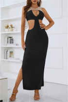 Black Sexy Solid Hollowed Out Patchwork Slit O Neck One Step Skirt Dresses
