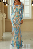 Blue Gold Sexy Formal Patchwork Sequins Square Collar Long Dress Dresses
