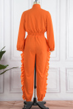 Orange Casual Solid Patchwork Zipper Collar Long Sleeve Two Pieces