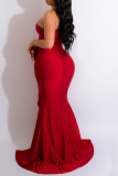 Red Sexy Solid Patchwork One Shoulder Trumpet Mermaid Dresses