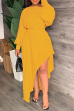 Yellow Casual Solid Patchwork Asymmetrical O Neck Long Sleeve Dresses