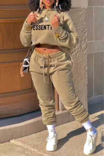 Khaki Sportswear Print Letter Hooded Collar Long Sleeve Two Pieces