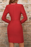 Red Casual Solid Patchwork V Neck Long Sleeve Dresses