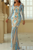 Blue Gold Sexy Formal Patchwork Sequins Square Collar Long Dress Dresses