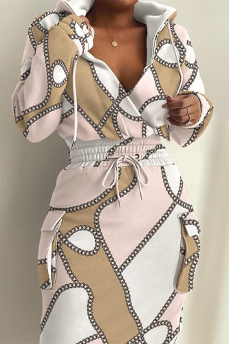 Pink Casual Print Patchwork V Neck Long Sleeve Dresses