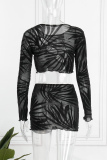 Black Sexy Patchwork Hollowed Out See-through O Neck Long Sleeve Two Pieces