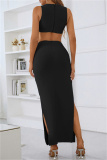 Black Sexy Solid Hollowed Out Patchwork Slit O Neck One Step Skirt Dresses