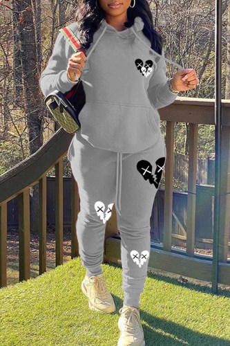 Grey Casual Print Patchwork Hooded Collar Long Sleeve Two Pieces