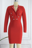 Red Casual Solid Patchwork V Neck Long Sleeve Dresses